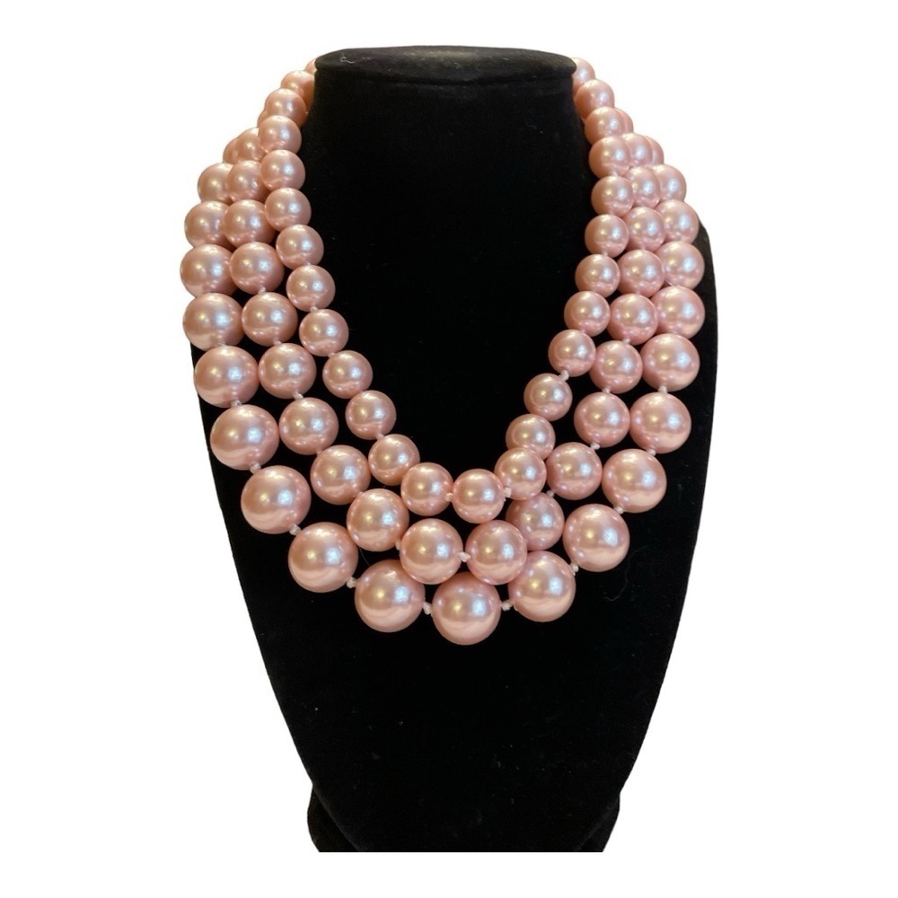 Vintage Pink 3 Strand Faux Pearl Necklace, Classic Graduated Multi Strand